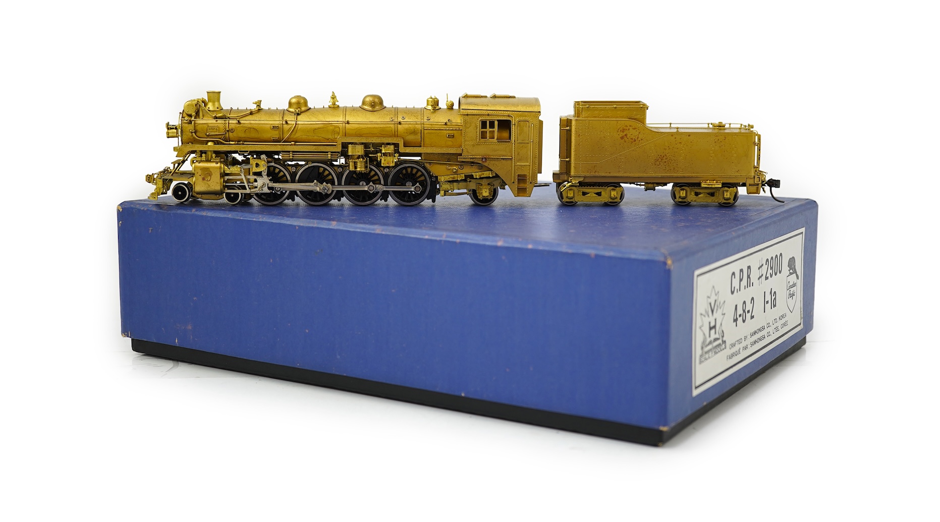 A boxed HO gauge VH Scale Models unpainted brass model of Canadian Pacific Railway 1-1a, 2900, 4-8-2 locomotive with bogie tender, powered for two rail operation.